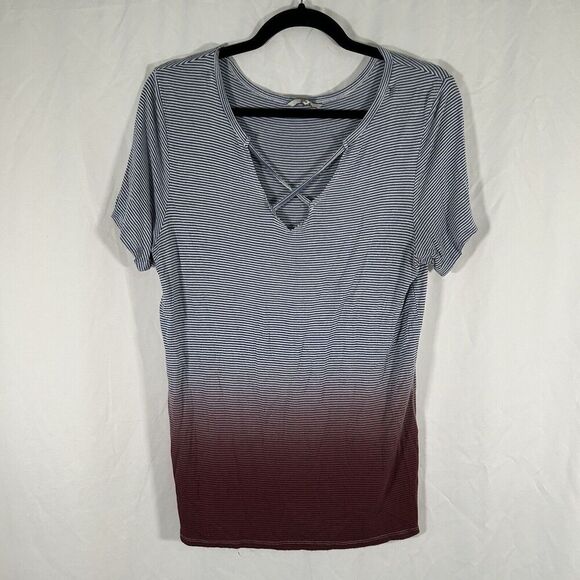 BKE Blouse Women's Small Blue Red Striped Vneck Short Sleeve Pullover - Picture 1 of 9